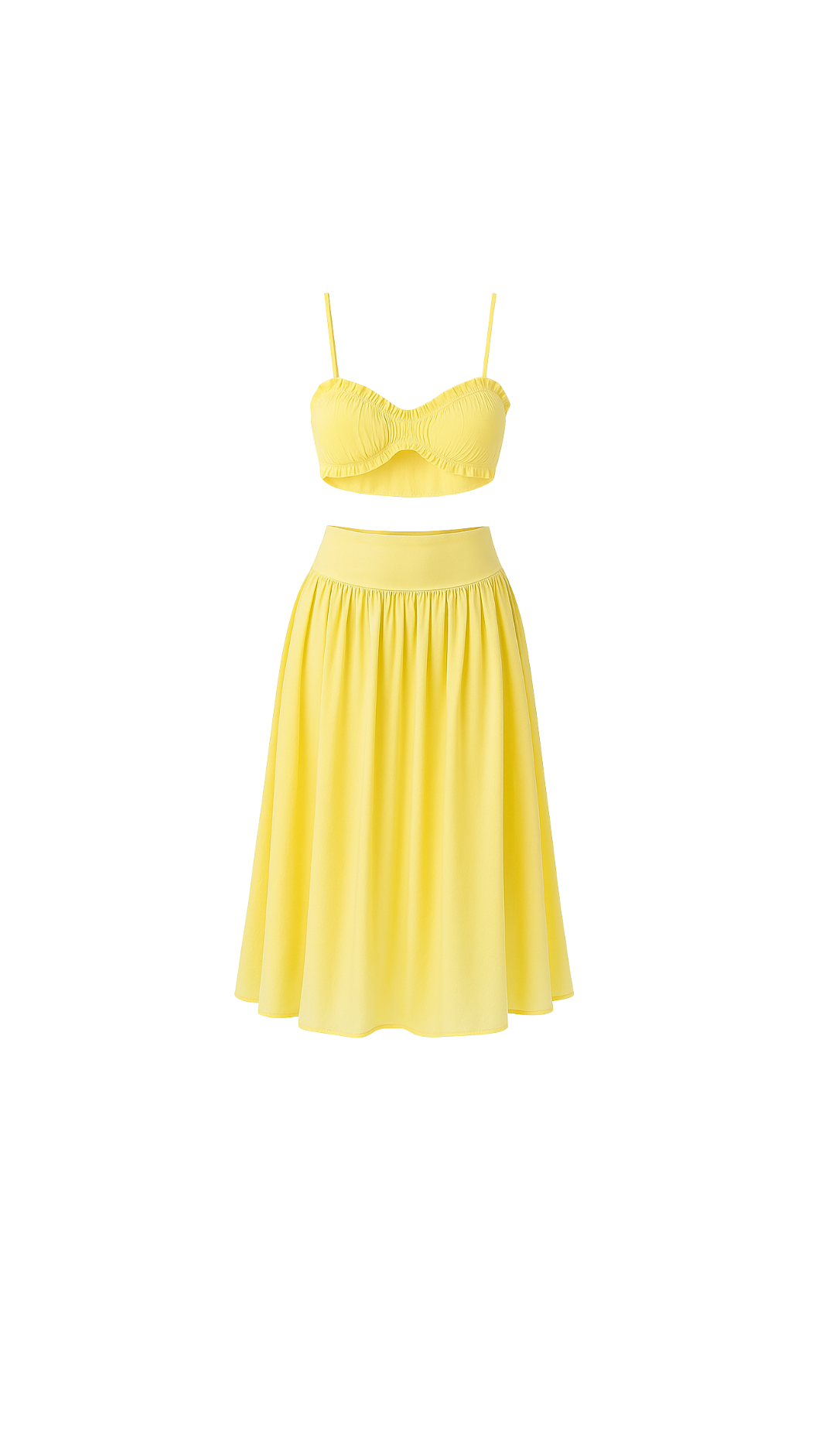 Yellow two-piece dress with a top and skirt on a white background